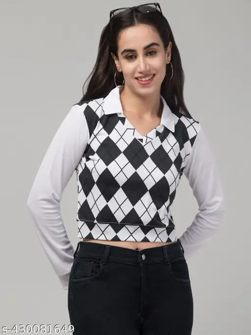Checkered cotton-blend long sleeved women's t-shirt, India origin