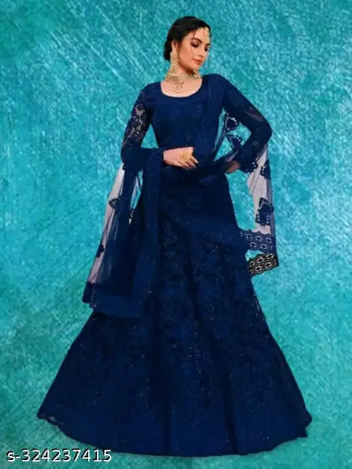 Embroidered Indian wedding wear lehenga-choli set with net fabric, semi-stitched (Size 44/42in), features intricate designs
