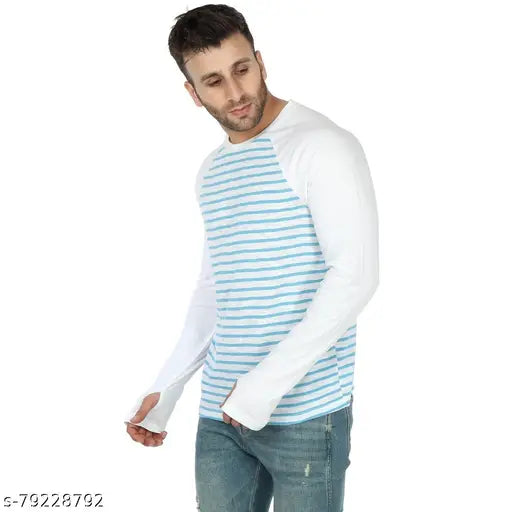 Blue & White Cotton Raglan FS Tee T-Shirt by Saava, high-quality men's crew neck long sleeve in trendy color