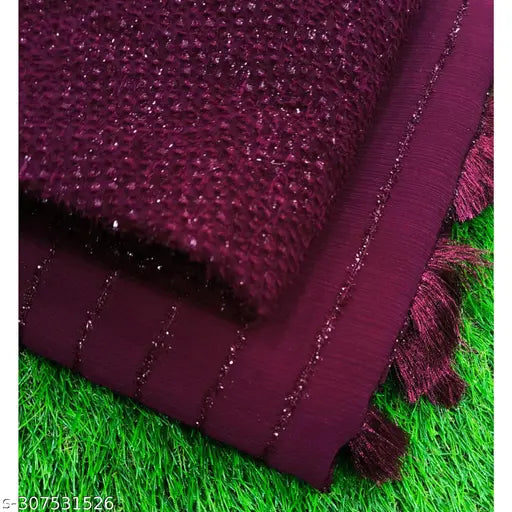 Chiffon saree with fur stripe pattern, jari tassels on pallu - elegant self-design Indian saree for special occasions