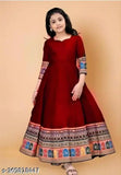 Red cotton blend printed net gown, three-quarter sleeves for girls party dresses, size 5-6 years (bust 28in, length 30in), India origin