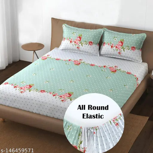Polycotton botanical-print fitted double bedsheet, ideal for summer, by LOPUNNY