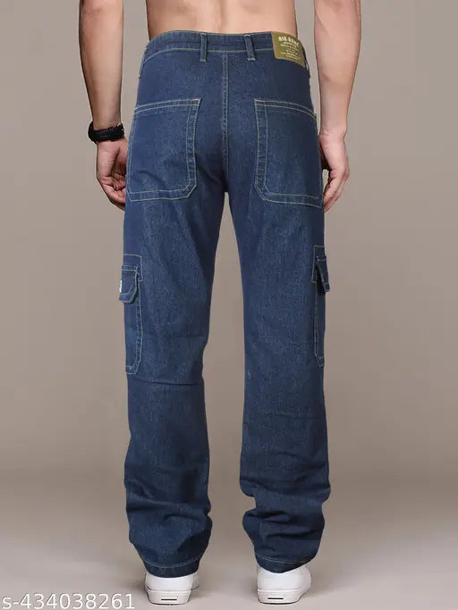 Dark blue cotton blend cargo jeans for men, stylish party wear from Rigbone brand