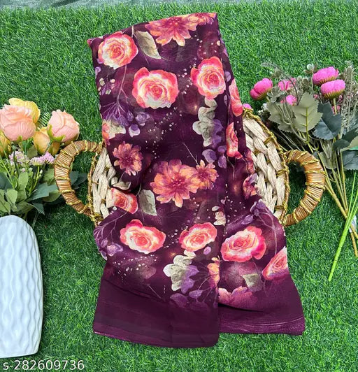 The image shows a floral print saree with intricate designs, likely silk or satin material