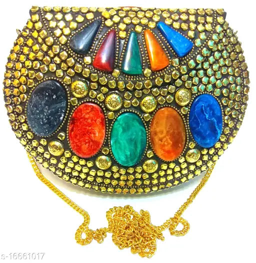 Colorful, vibrant women's clutch purse with multiple stones and a unique design