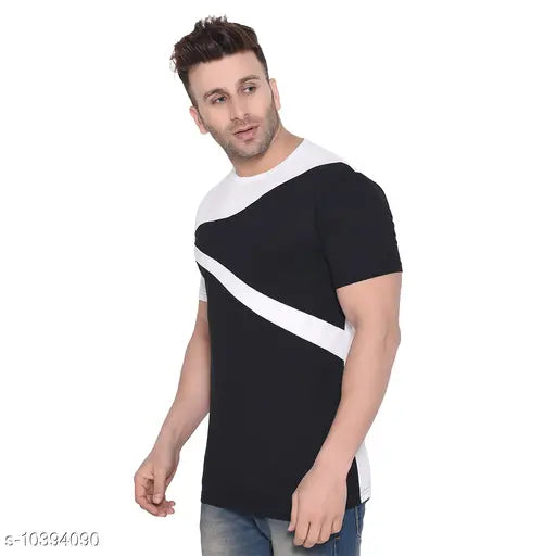 Multicolor round cotton blend short sleeves t-shirt, colorblocked net pattern for casual style. Perfect fit, premium quality, direct from Indian manufacturers