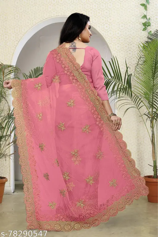 Heavy embroidered net bridal saree with separate blouse, Indian craftsmanship