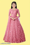 Light pink net embroidered gown with stone work, short sleeves for girls aged 9-13 years, origin from India