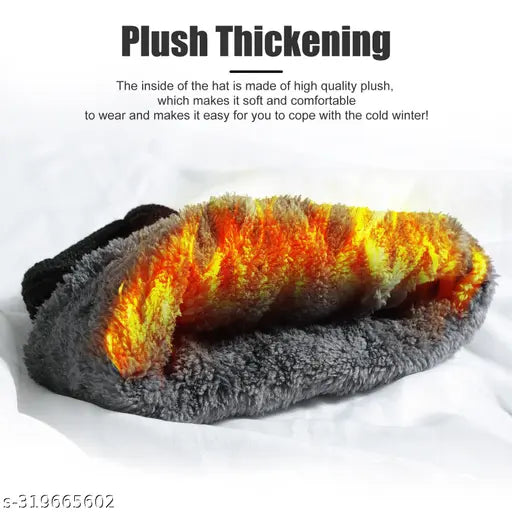 Wool winter beanie cap with neck warmer scarf set (one size), soft thermal fleece lining for indoor/outdoor activities