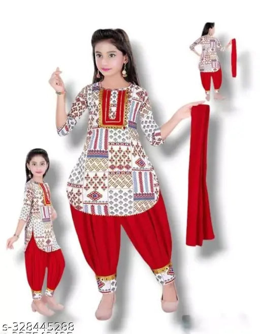 Cotton blend printed anarkali dhoti kurta with chunni set for baby girls, Indian ethnic partywear salwar kameez for kids aged 3-11 years