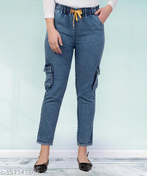 Blue stretchable denim cargo pants, mid-waist, elastic waistband, ankle cuffs, women's plus size jean capris blogger