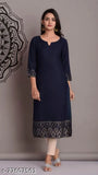 Blue rayon straight jacket kurti, three-quarter sleeves with printed combo - Indian women's fashion