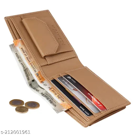 Brown faux leather men's bi-fold wallet, slim design for daily use, 3 credit card slots, 2 currency compartments