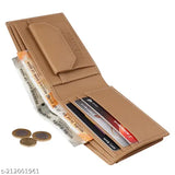 Brown faux leather men's bi-fold wallet, slim design for daily use, 3 credit card slots, 2 currency compartments