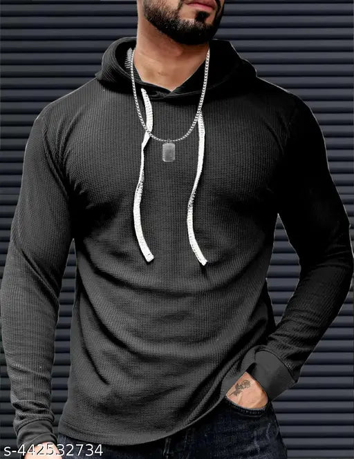 Black polyester men's hooded neck t-shirt, solid black long sleeves, size S for chest 37in, length 27.5in