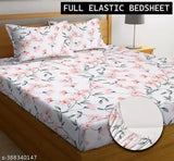 Cotton blend, superfine printed floral bedsheet set - designer supersoft double elastic fitted, includes 2 pillow covers for summer, origin India
