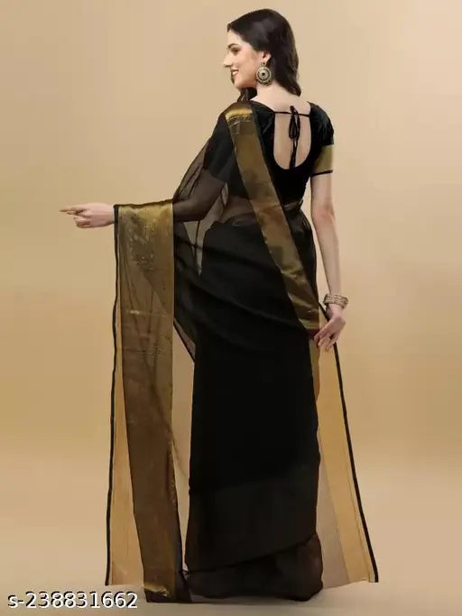 Black georgette Chiffon Saree with running blouse, solid pattern, free size, India origin