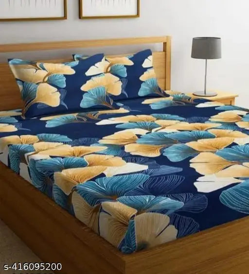 White glace cotton king size elastic fitted bedsheet with botanical pattern, perfect for summer adult use