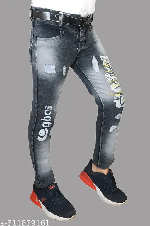 New fashionable men's denim jeans, distressed black and white, trendy ripped knee design