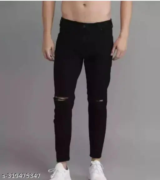 Black polycotton MOD MEN knee-slit jeans for men size 28/30/32, worn on a model