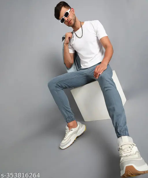 Grey denim slim fit jeans men's casual wear fashionable