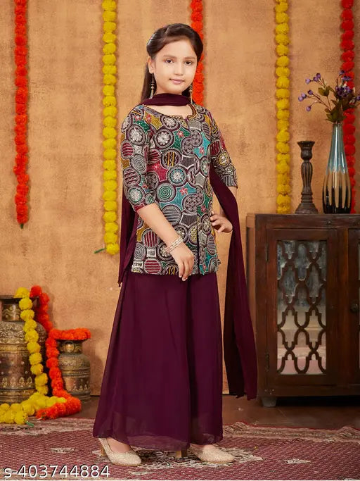 Wine color sequin thread embroidery Georgette kurti sharara set with dupatta, contemporary ethnic wear for girls aged 6-11 years, India origin