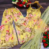 Yellow georgette saree with floral print, pairing with dupatta set