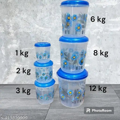 Set of six plastic containers in blue, labeled with weight capacities: 12kg, 8kg, 6kg, 3kg, 2kg, 1kg