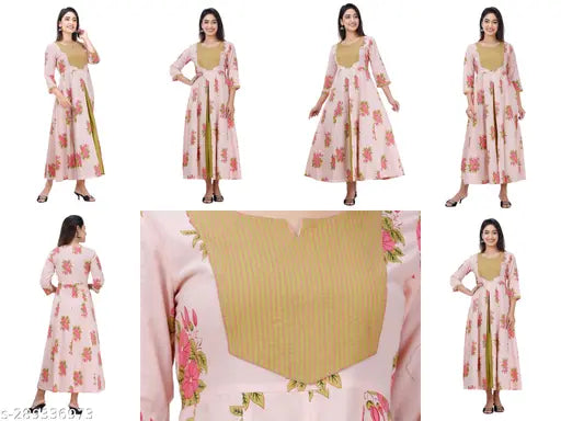 Pink floral printed cotton kurta with three-quarter sleeves, embroidered by PAAWNI. Indian women's fashion on mannequin