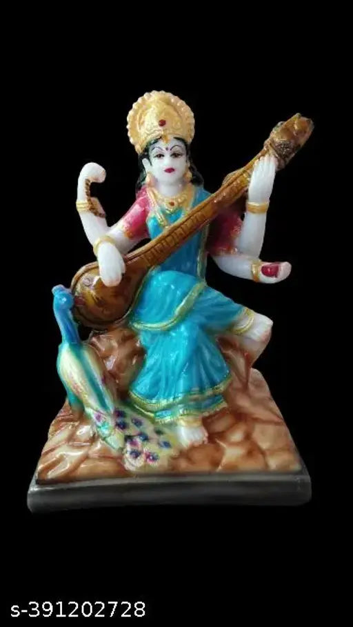 Marble Sarswati Mata idol (4.5x4x6 inches, 400g), Hindu goddess representing learning and creativity for table decor or Pooja Mandir