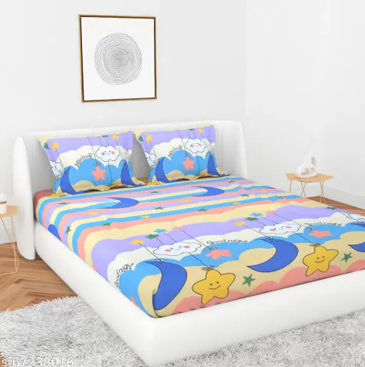 Multicolor microfiber children's flat sheet & double pillow cover (90x90in, 18x28in), ultra-soft, breathable, and cartoon-themed, reactive printing, circular quilting process, ideal for cool summer nights