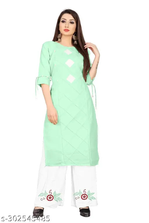Cotton and rayon Myra Voguish women's kurta sets with palazzos, solid net pattern, three-quarter sleeves, available in sizes S to XXL
