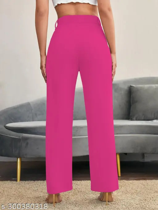Classic feminine women's trousers, magenta satin fabric, cropped flare style
