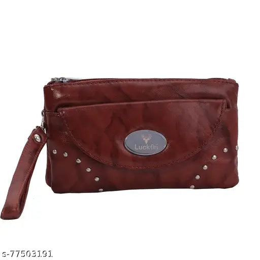 Black leather clutch handbag with card slots, purse with detachable smartphone holder, for ladies and girls, by Bombay Sheep, size L, 7 x H 4 inch