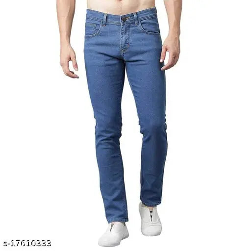 Designer trendy men's lycra jeans, solid net fit for casual style. Three sizes available: 28, 30, 32, 34, 36 (Waist 28in/30in/32in/34in/36in, Length 40in, Hip 28in/30in/32in/34in/36in). Made in India