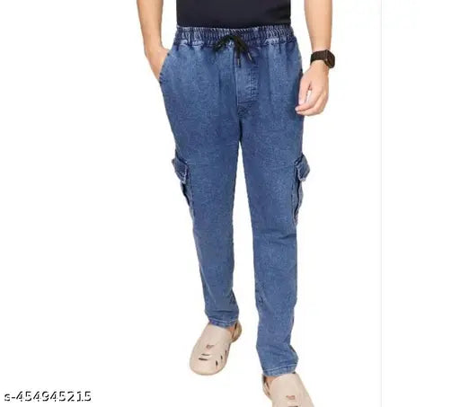 Men's casual blue denim cargo jeans with multiple pockets, featuring drawstring side pockets and a visible waist belt loop