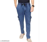 Men's casual blue denim cargo jeans with multiple pockets, featuring drawstring side pockets and a visible waist belt loop