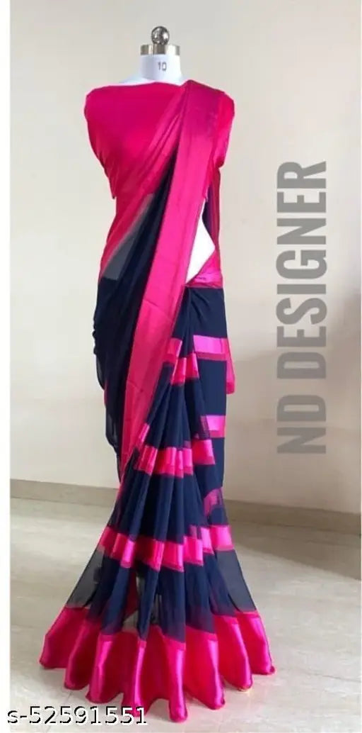 Black, pink, and red saree with ruffle borders