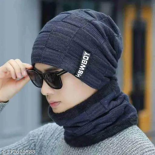 NavyBlue ultra-soft wool beanie & scarf (unisex, snow-proof). Classic solid navy design from PinKit