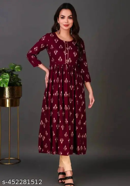 Rayon printed anarkali kurtis for women, three-quarter sleeves, classic style