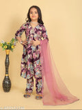 New Designer Printed Kora Muslin Kids' Kurta Sharara Set with Dupatta - Vibrant, A-line, Indian festive wear for 4-14 years