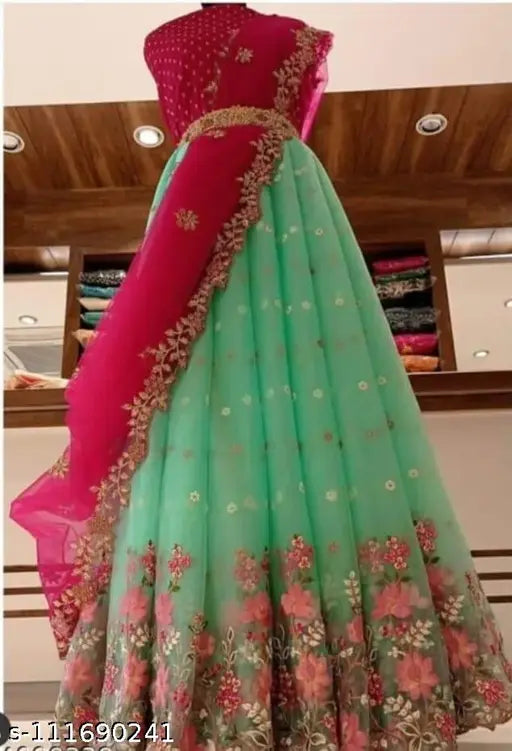Trendy alluring women's net lehenga with floral embroidered dupatta and choli, free size, origin India