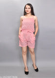 Pink cotton blend lace pattern short jumpsuit with insert pockets for women, featuring feminine design and practical pockets
