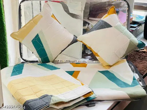 Multicolor Mahika pack: 5 cotton bedsheet (90x100), 2 quilted pillow covers (18x28), 2 cushions (12x12). Comfortable, zig-zag velvet pattern, machine washable