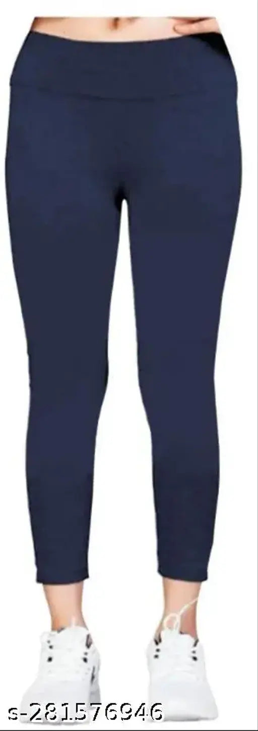 Navy blue cotton blend jeggings for women, stylish solid pattern, ankle length