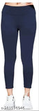 Navy blue cotton blend jeggings for women, stylish solid pattern, ankle length