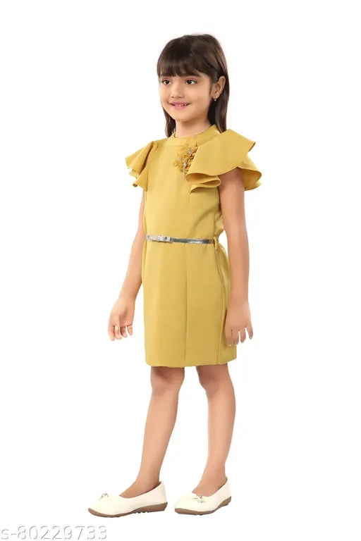 Yellow satin western midi dress with a belt and ruffled sleeves