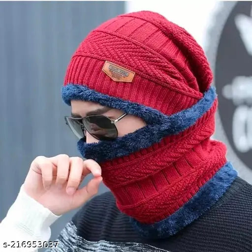 Red wool fashion combo: Venton cold-protect caps for men & women with muffler
