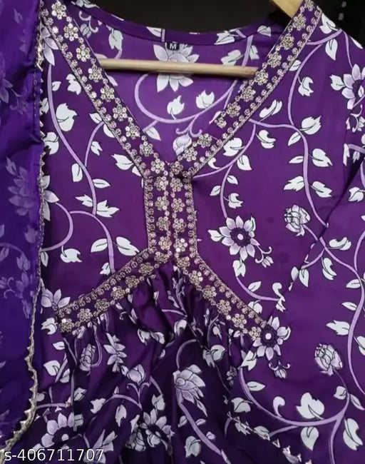 Purple Aliya Cut Rayon Kurti, printed combo three-quarter sleeves for women, India origin