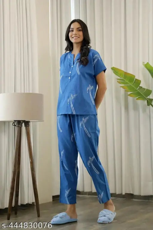 Bird Printed Cotton Women's Night Dress Top & Pyjama Set - Comfortable, Breathable, All-Season Wear